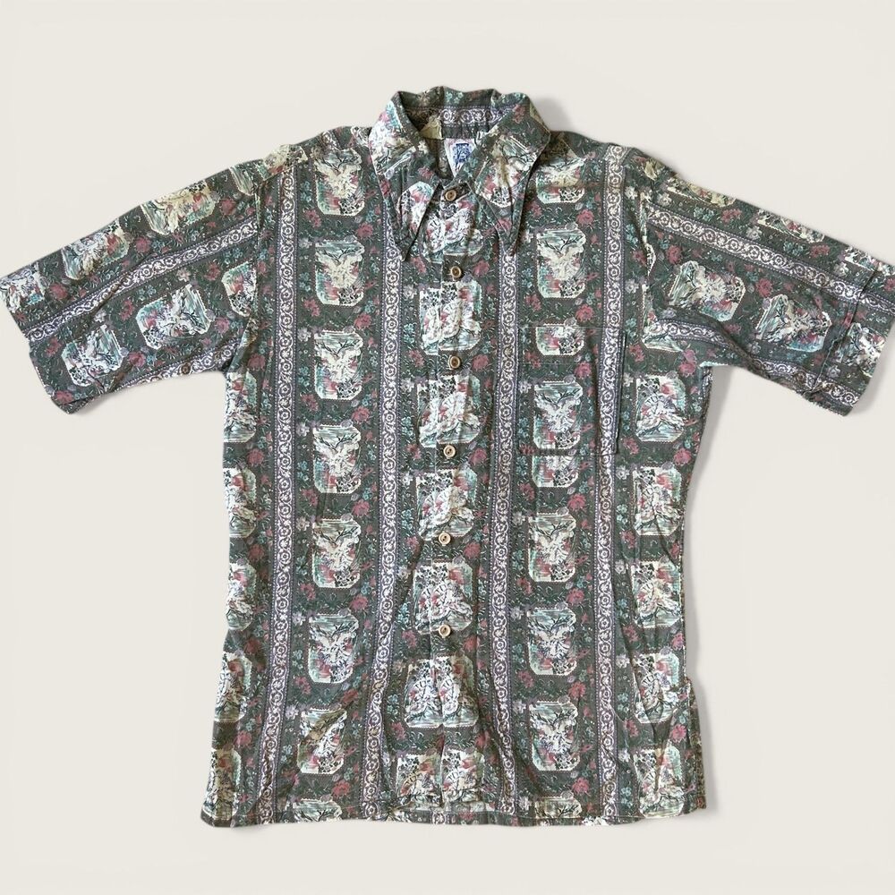 Vintage Kennington Ltd. California Floral Angel Print Button Up Shirt 70s  80s